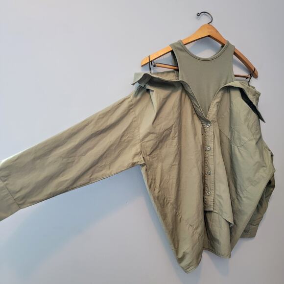 Monrow Evereve Poplin Tank Shirt Laurel Green Size M - Picture 4 of 11